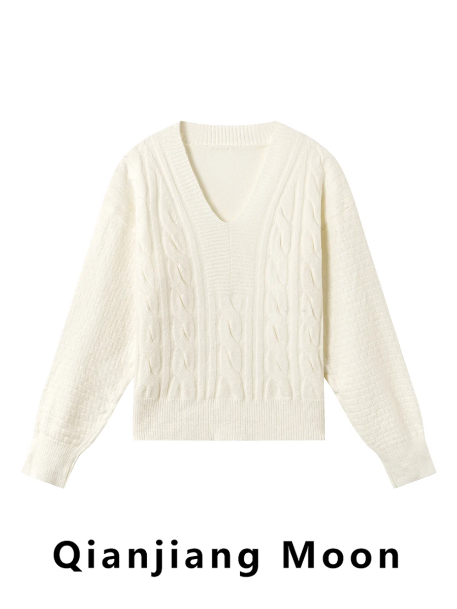

Loose Casual V-Neck Knitted Sweater Women's Spring New Style Soft Versatile Top Korean Version White Twist Knitted Sweater