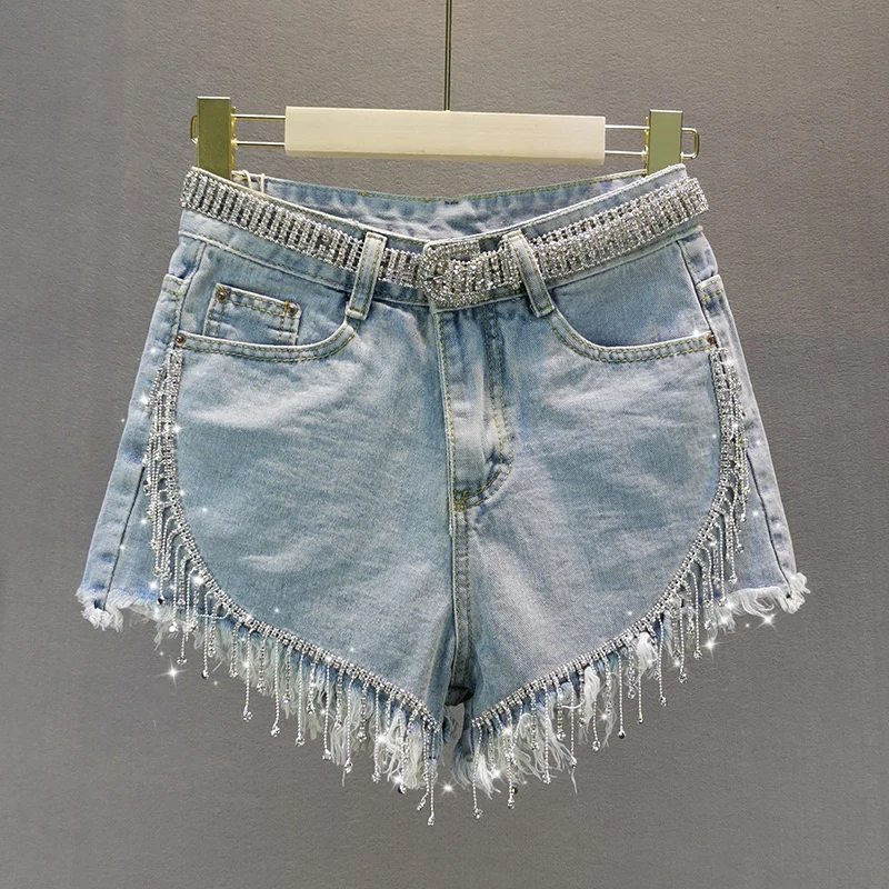 2024 New Summer Women Hot Pants All-match Beads Water Diamond Tassel Wide Leg Shorts High Waist Casual A-line Short Jeans