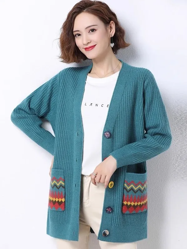 Loose Women's Knitted Sweater Jacket V-Neck Open Cardigan Double Pocket Korean Style Spring Autumn New Fashion Outerwear