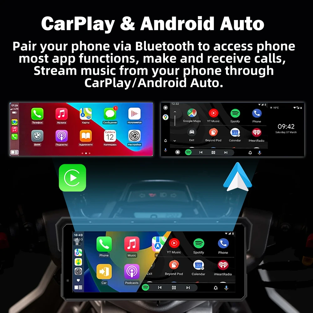 Portable 8.1 inch IPX7 Waterproof Motorcycle GPS Navigation Wireless Carplay Android Auto Moto Recorder Monitor Voice Control