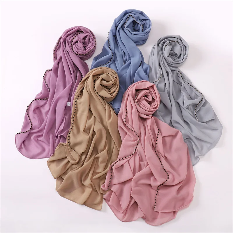 2024 Luxury Necklace Pearl Chain Bubble Chiffon Hijab Shawls Lady High Quality Wrap Beach Bufandas Ramadan Muslim Sjaal 175*70Cm