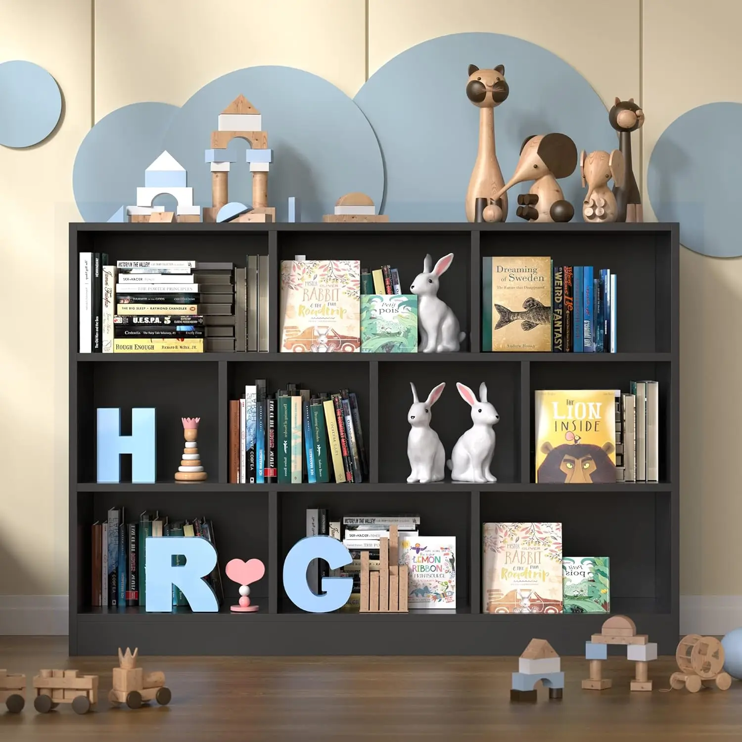 Castle Black Bookshelf,ตู้หนังสือแบบเปิด 3 ชั้น,10 Cube Storage Organizer พร้อมอุปกรณ์ป้องกันการเอียง,อิสระแนวนอน Boo