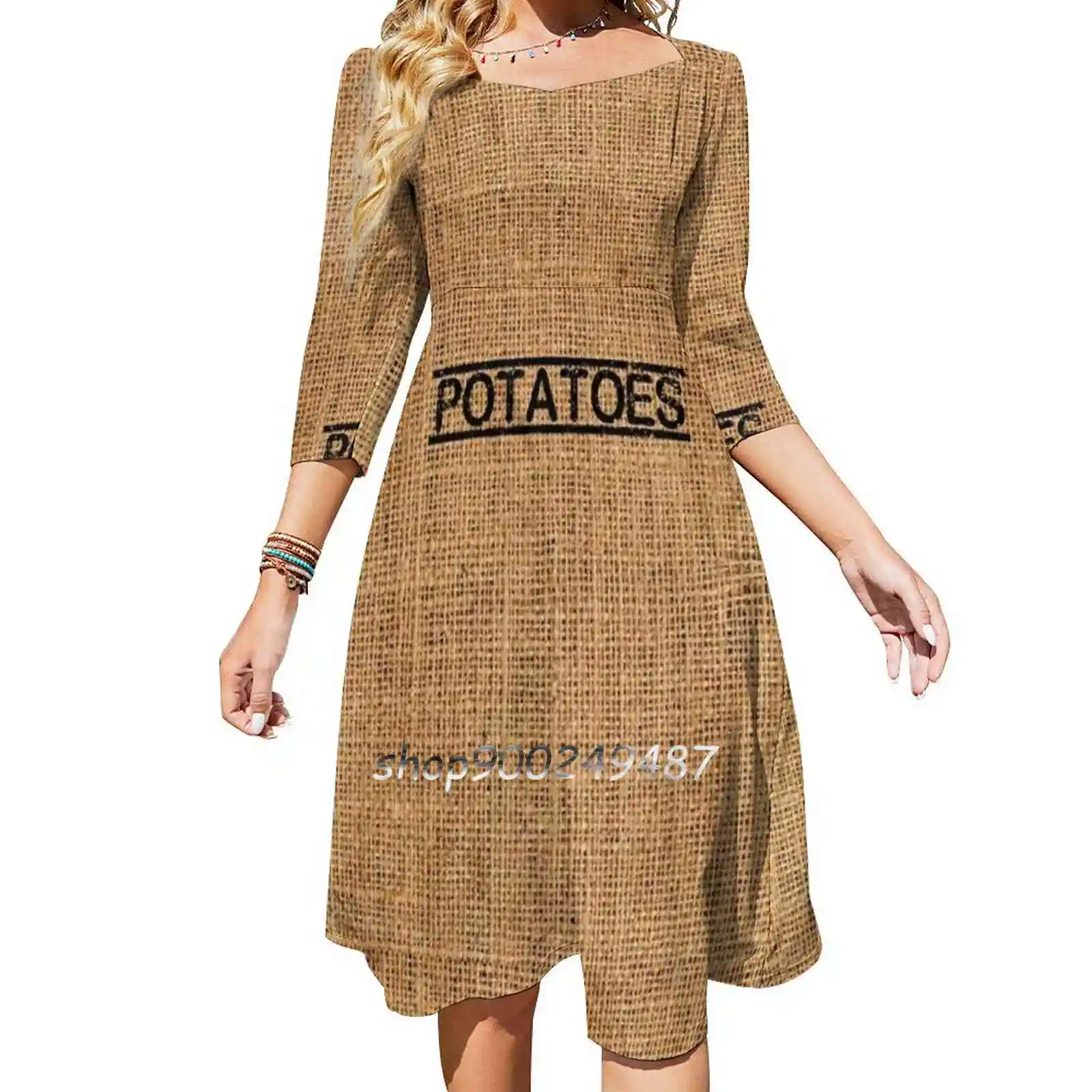 Potatoes Bag Square Neck Dress Cute Loose Print Dresses Elegant Beach Party Dress Rustic Potatoes Fun Funny Message Trend