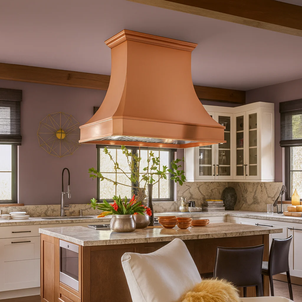 Custom Curved Tapered Bell Brushed Penny Copper Island Chimney Hood Luxury Farmhouse Kitchen Cover Classic Handmade Stove Cover