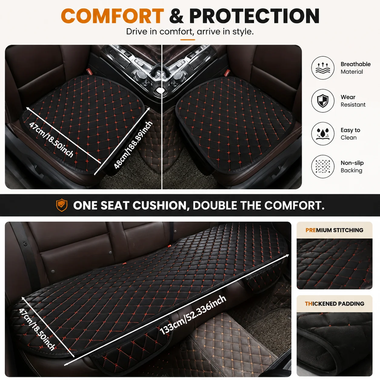 3pcs Wear-Resistant PU Leather Car Seat Cushion Set Front & Rear Breathable Non-Slip Easy Clean All-Season Seat Pad Cover
