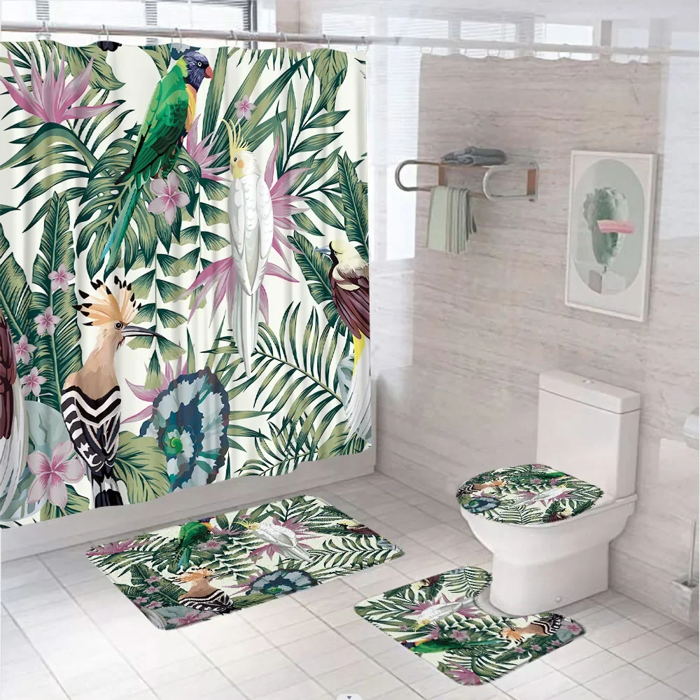 Tropical Jungle Leaves Parrot Shower Curtain Sets Animal Zebra Elephant Flamingo Bath Mat Carpet Toilet Rugs For Bathroom Decor