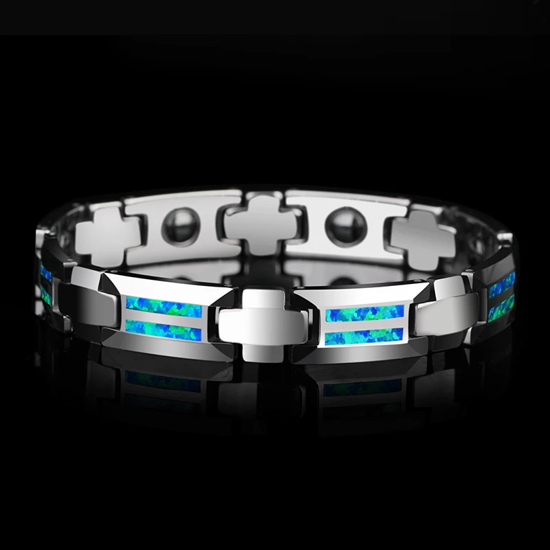 

New 10mm Width Silver Color Tungsten Carbide Bracelets for Men with Magnet Stones & Luxury Opal Gift for Male Length 20.5/23cm