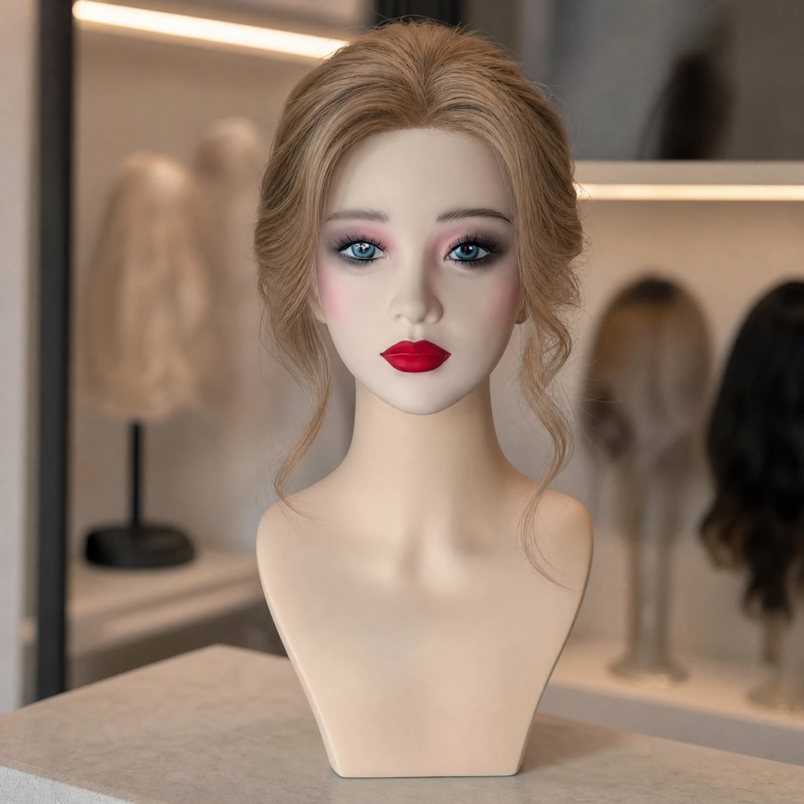 PVC Mannequin Bust Light Skin Tone Hairpiece Display Head for Salon Owners, Shop Displays, Product Photography