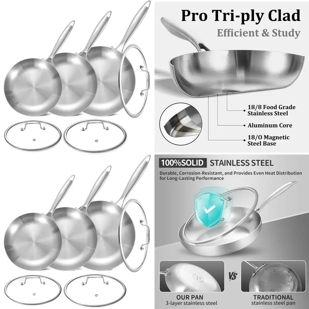

8.5-10-12 Inch Tri-Ply Stainless Steel Fry Pan Set with Lids, Skillets, Induction-Ready, Dishwasher and Oven Safe, Removable Han