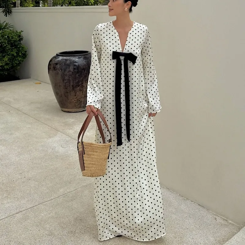 

Ticketsx Bow Polka Dot Maxi Dress Elegant V-Neck Printed Long Sleeve Dress New Fashion Casual Women Street Commuter Long Dress
