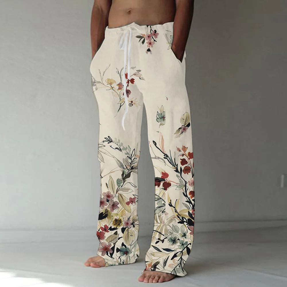 Summer Men Vintage Floral 3D Printed Wide Leg Pants Vacation Casual Loose Pants Hawaiian Style Beach Pants