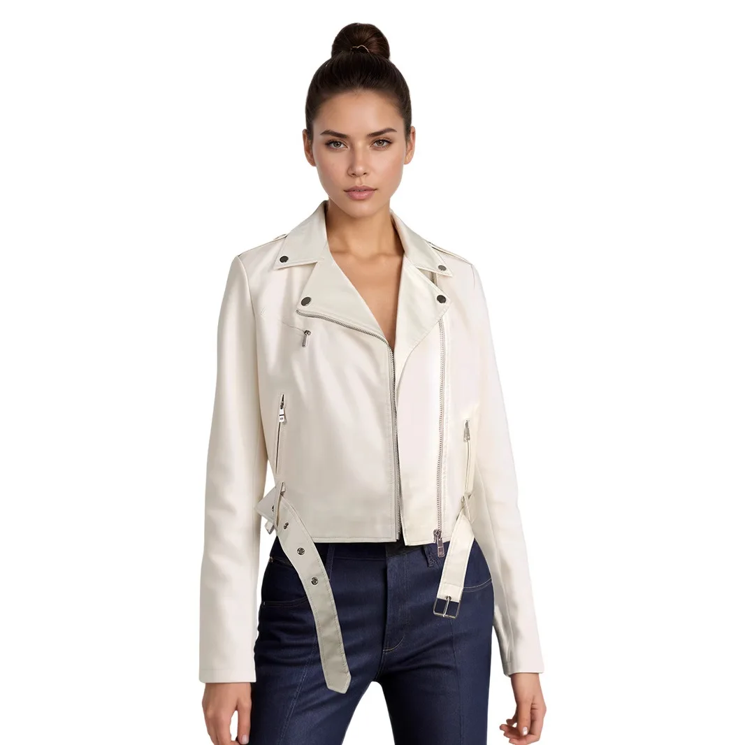 2025 Spring and Autumn Lapel Short Belt Women's Shirt Simple Leather Jacket Motorcycle Coat