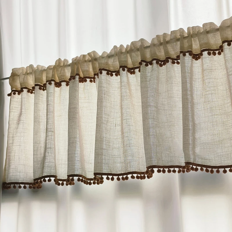 

Kitchen Curtains Faux Linen Textured Small Cafe Window Curtain with Pom Pom Over Sink Light Filtering Short Curtain for Bathroom