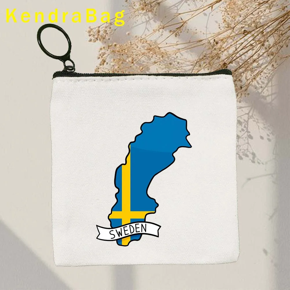 Sweden Flag Map Stockholm Key Coin Purse Canvas Bag Cute Pouch Wallet Zipper Gift Cosmetic Bag Cotton Custom Coin Purse Key Case