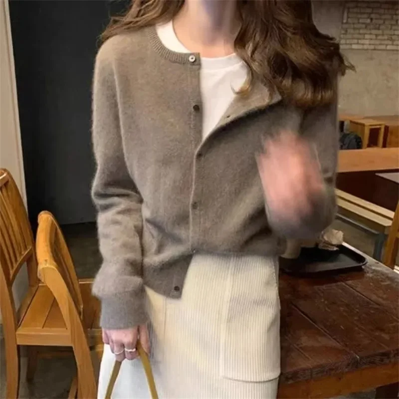 

Женский кашемировый свитер, вязаный кардиган из 100% мериносовой шерсти, осенне-зимний трикотаж с круглым вырезом, женский однотонный повседневный модный топ