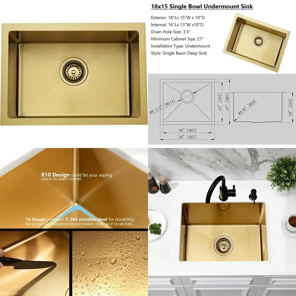 

Stainless Steel 18x15 Inch Single Bowl Undermount Kitchen Sink Deep Basin for RV and Small Kitchens