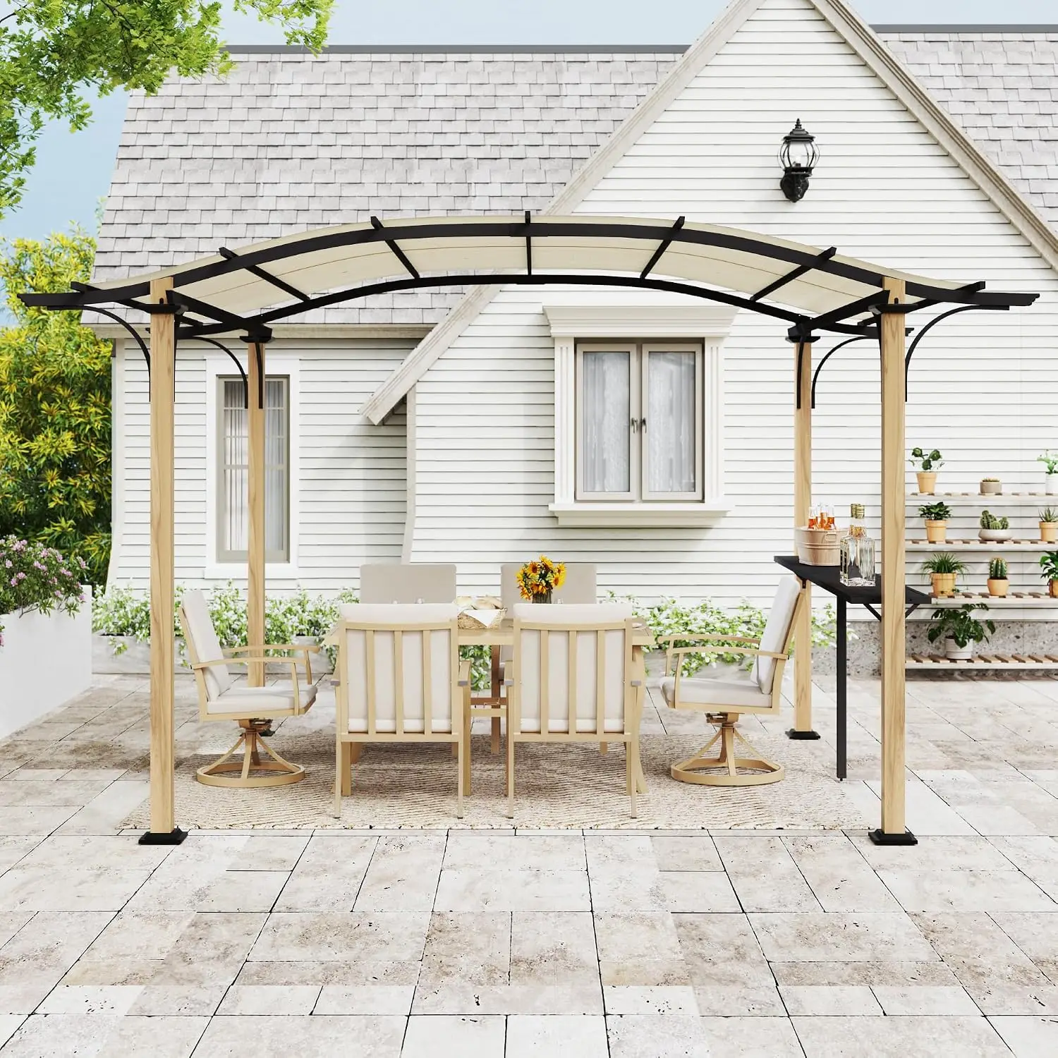 10'x13' Arched Pergola Aluminum Frame with Storage Shelf Wood-Look Shade for Patio Backyard Garden Poolside Beige, Customized