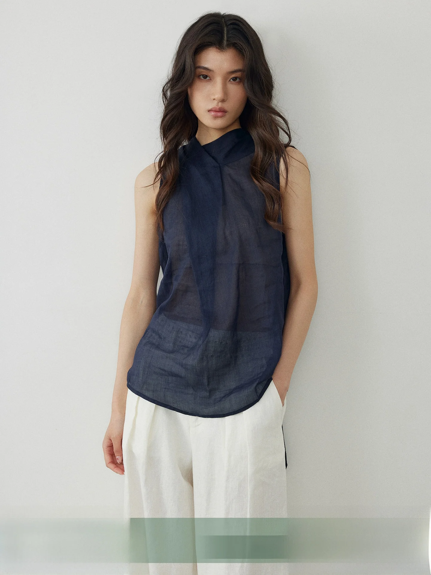 

KEARA Women's Summer Lightweight Cool Feeling Sash Flax Sleeveless Shirt Breathable Thin Material Commute Top