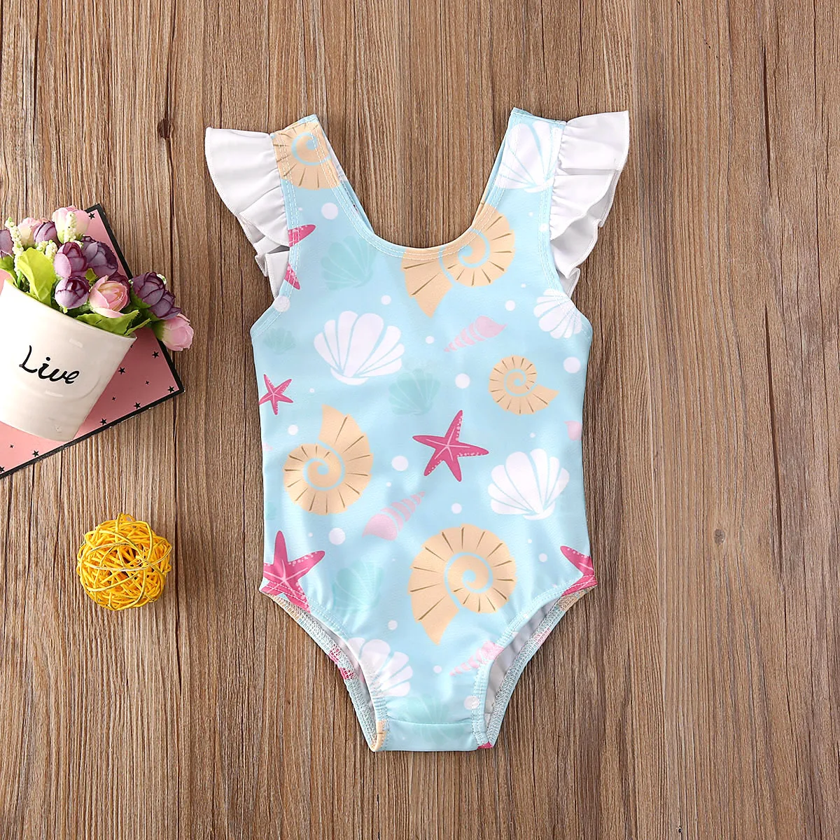 Toddler Baby Girls Summer Swimwear Sleeveless Ruffles Shell Starfish Print Swimsuit Kids Cute Bow Backless Beachwear