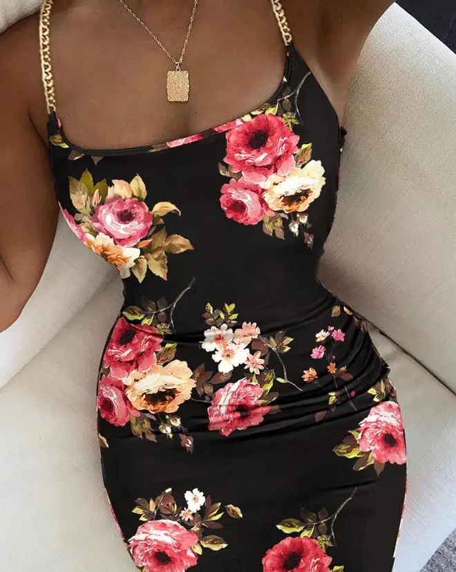 

Fashion Chain Decoration Women's Miniskirt 2023 Summer New Flower Print Party Elegant Y2K Tight Cut Strapless Sexy Tight Dress