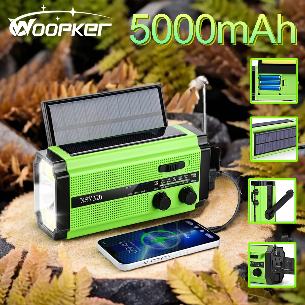 Woopker 5000mAh Emergency Radio XSY-320 FM Radio Solar USB Rechargeable Portable Multifunction Radio Flashlight Power Bank