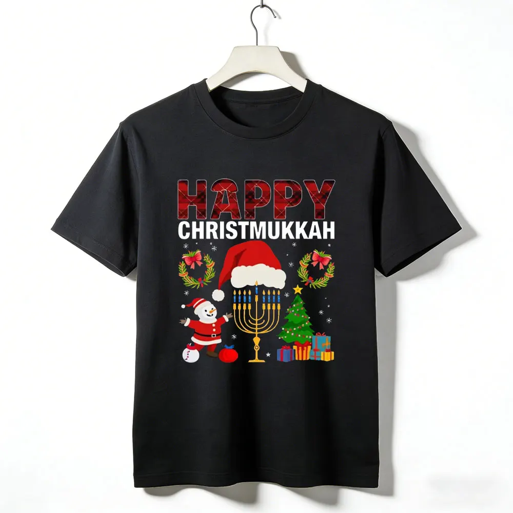 

Happy Christmukkah T-Shirt for Men Women Santa Menorah Christmas Hanukkah Shirts Funny Christmas Hanukkah Holiday Party T-Shirt