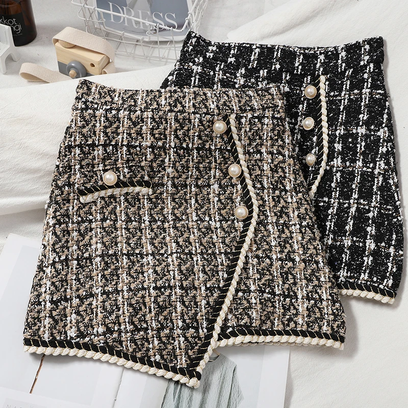 

ITOOLIN Casual Elegant Skirt Women Irregular Tweed Skirts With Pocket Button Up Skirts Slim A-line High Waist Mini Skirt