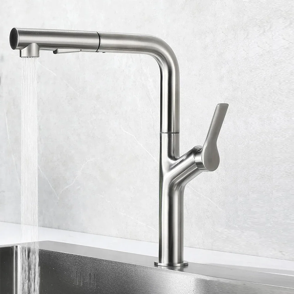 Brushed Grey , 304 Stainless Steel Mixer Kitchen Faucet With Two Model Water Out , Hose Pull Down 360 Rotation ,Two Holes