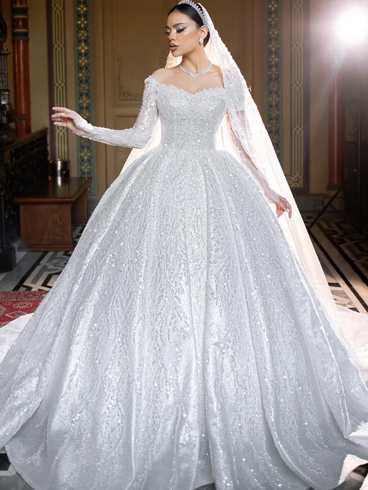 فستان زفاف فاخر الأورجانزا مع التطريز حبة الأميرة Ballgown كم كامل س الرقبة مخصص فستان عروس Vestido De Novia