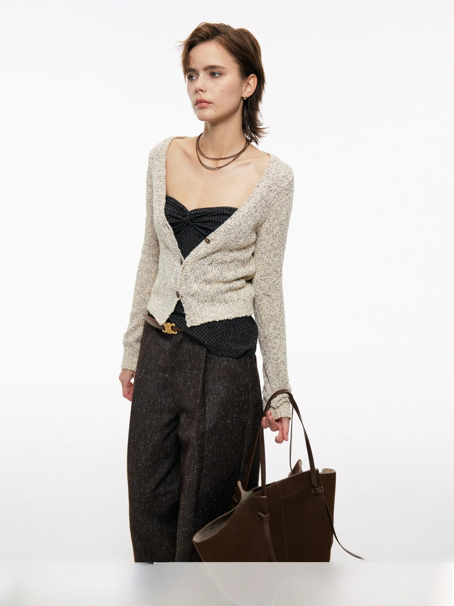 

Billconch Вязаный кардиган с цветочным принтом V-Ne Open Or Basic Универсальный молочно-абрикосового цвета для поездок на работу Sle Long Sve на пуговицах