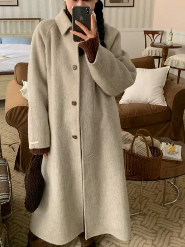 

Ele Long Woolen Coat for Women Faionable All-Match Turn-down Collar Hidden Button Waist Belt High-end Feeling Outerwear