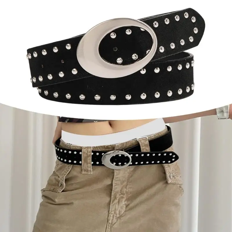 

A52E Black Punk Rock Women's Belt For Jeans Adjustable Waistband With Metal Buckles PU Leather