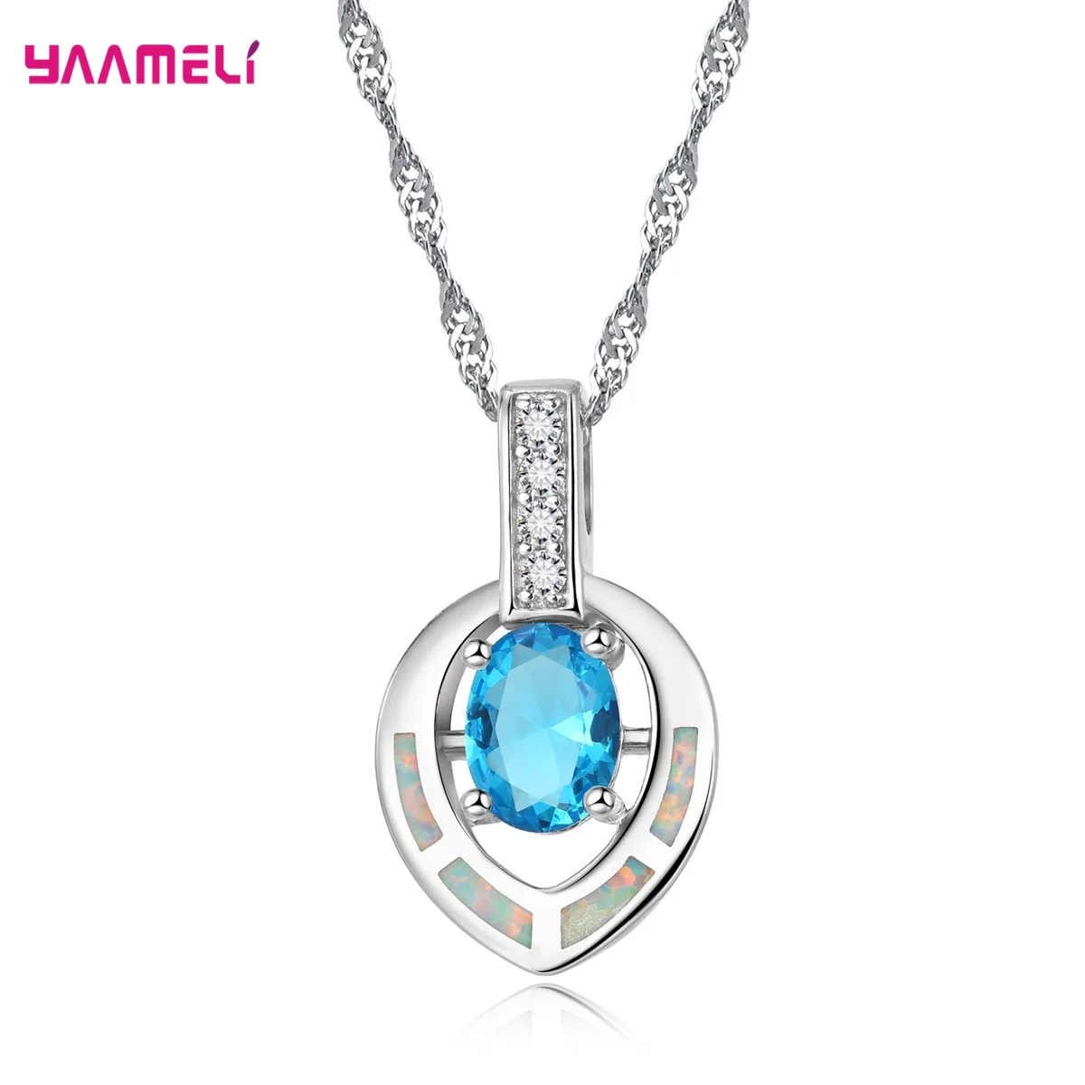 Pure 925 Sterling Silver Necklace Female Lady Clavicle Chain Temperament Single Oval Zircon Crystal Opal Pendant Collar Jewelry