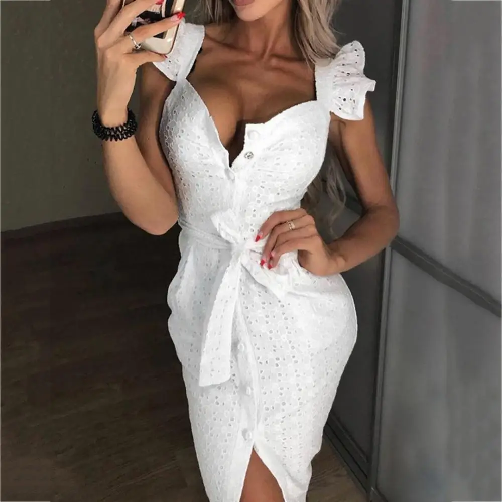 Women Midi Dress Sleeveless Dress Sexy Bodycon Ruffled Edges Embroidery Buttons Belt Midi Dress