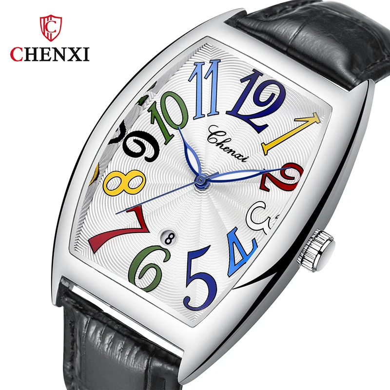 CHENXI Luxury Watch for Men Leather Strap Casual Waterproof Wristwatches Quartz Clock Tonneau Shape Large Numbers Men\'s Watches