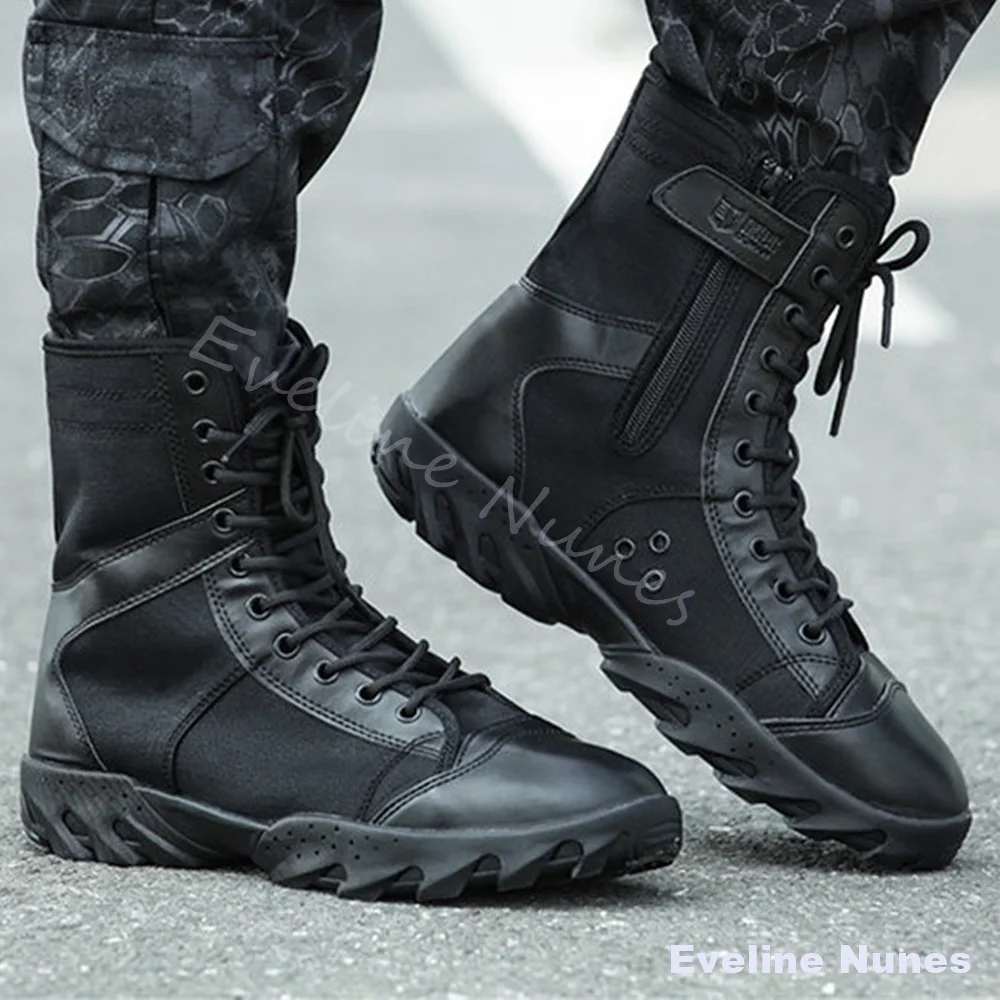 Men Black Fabric Tactical Combat Boots Lace Up Shock Absorbing Anti Slip Mid Calf Hiking Shoes Outdoor Camping Climbing Boots