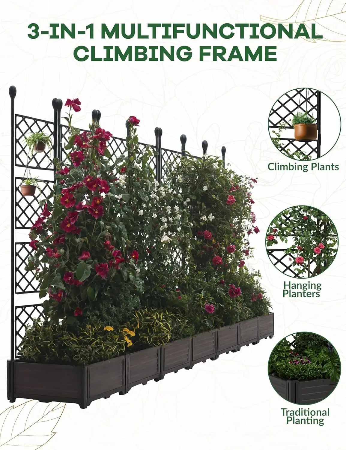 Modular Raised Garden Bed Planter Box Kit with Metal Trellis Stackable 7-Panel for Climbing Plants Veggies and Flowers,Decorative Fence Privacy Panels