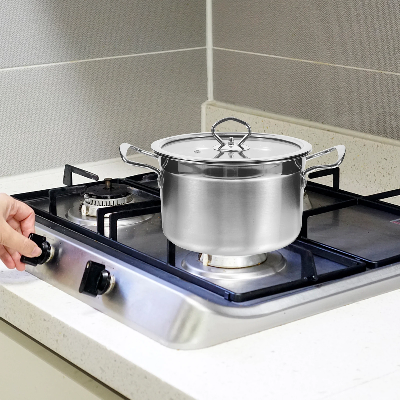 

20cm Stainless Steel Soup Pot Lid Flat Bottom Double Ear H Deep Stock Cooking Kitchen Tool Noodle Container Versatile