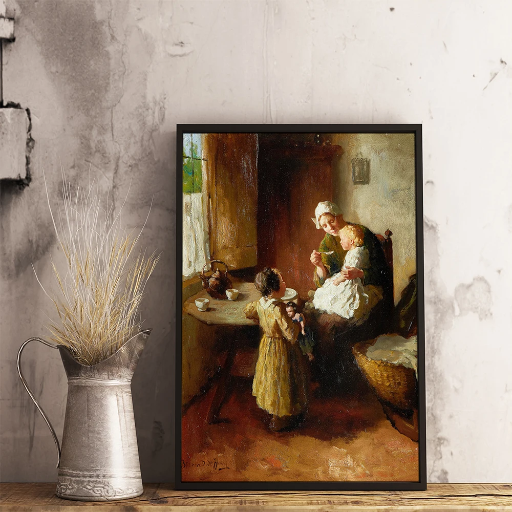 Mother and Children Breakfast Time Painting Wall Art Canvas Unframed Print Art Home Decor Items Illustration