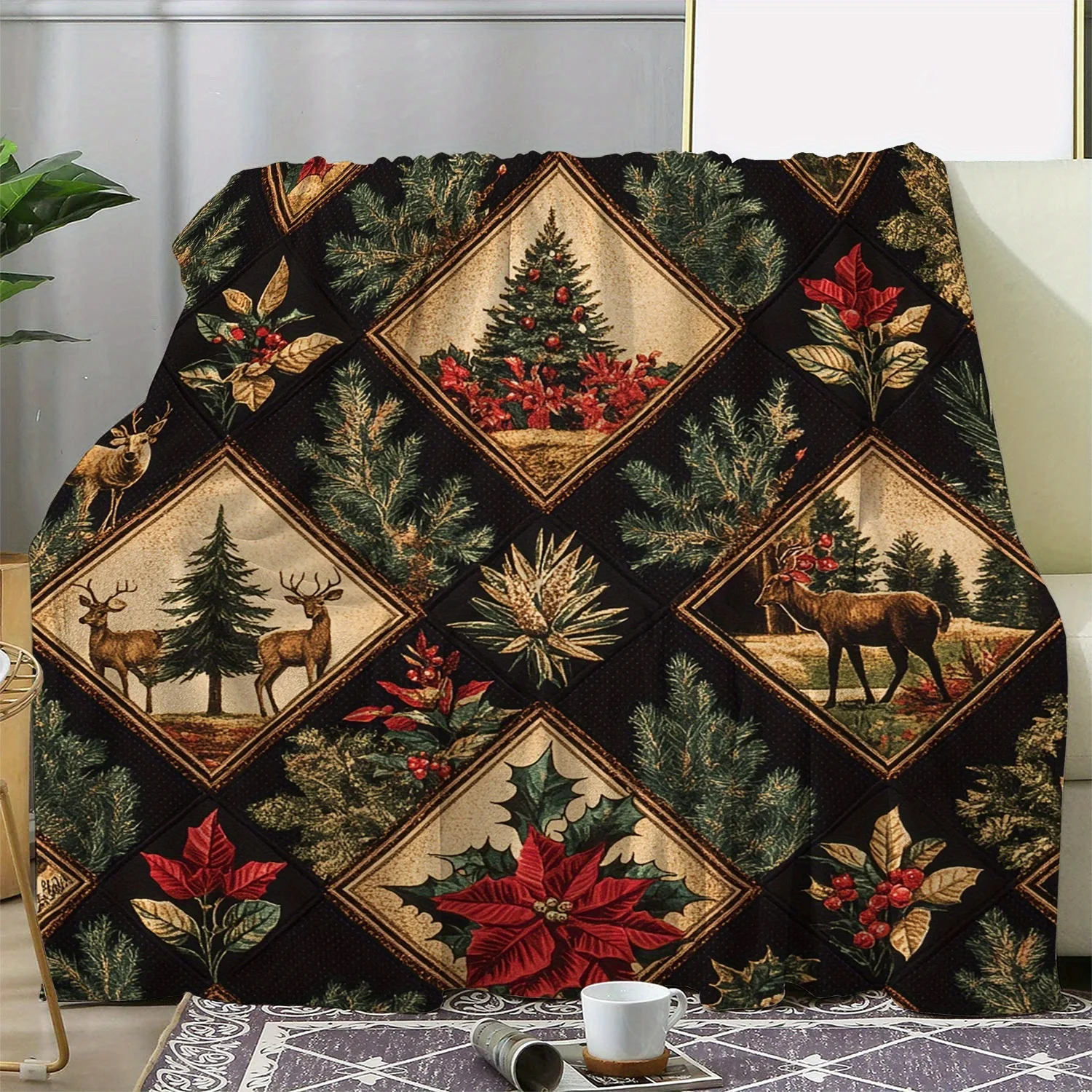 Vintage Christmas Theme Flannel Throw Blanket - Elk, Pines, and Holiday Tree Print, Soft Cozy Polyester Knit, All-Season Comfort