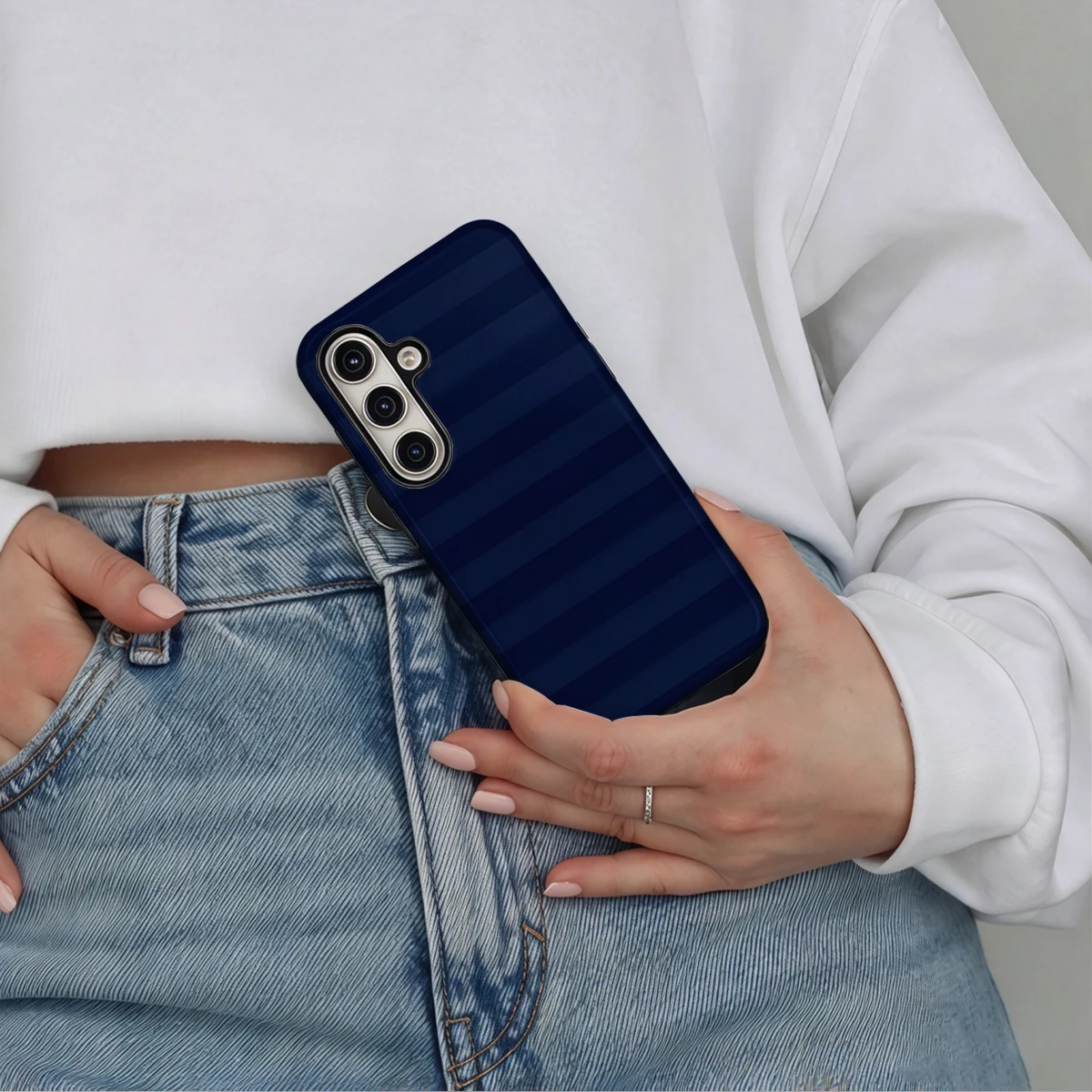 Navy Black Thin Stripes Phone Case For Samsung Galaxy S26 S25 Ultra S24 S23 Plus Hard Shock‑Absorption 2-in-1Protective Cover