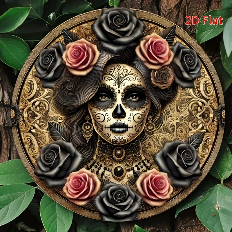 2D Flat, [2D flat]1pcs Mexican Death Skull Day and Day of the Dead art, retro-inspired aluminum circular decorative plaques, vib - Image 4