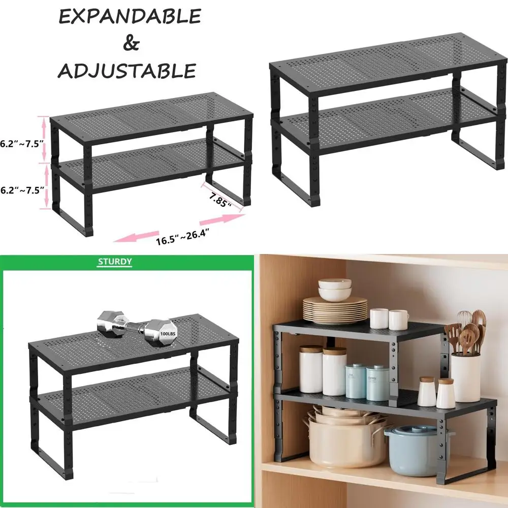 拡張可能なメタル収納ラック - 2個パック 中サイズ ブラック、家庭、キッチン、バスルーム、オフィス、ガレージに最適