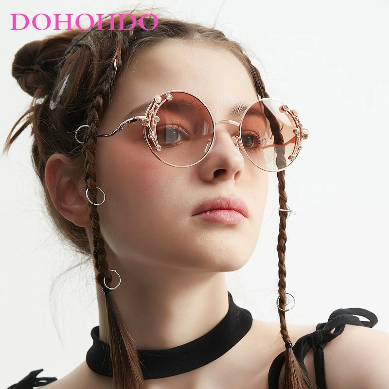 DOHOHDO Round Diamond Studded Retro Men's Fashion Sunglasses Trendy Metal Frame Women Sun Glasses Gradient Eyewear Shades UV400