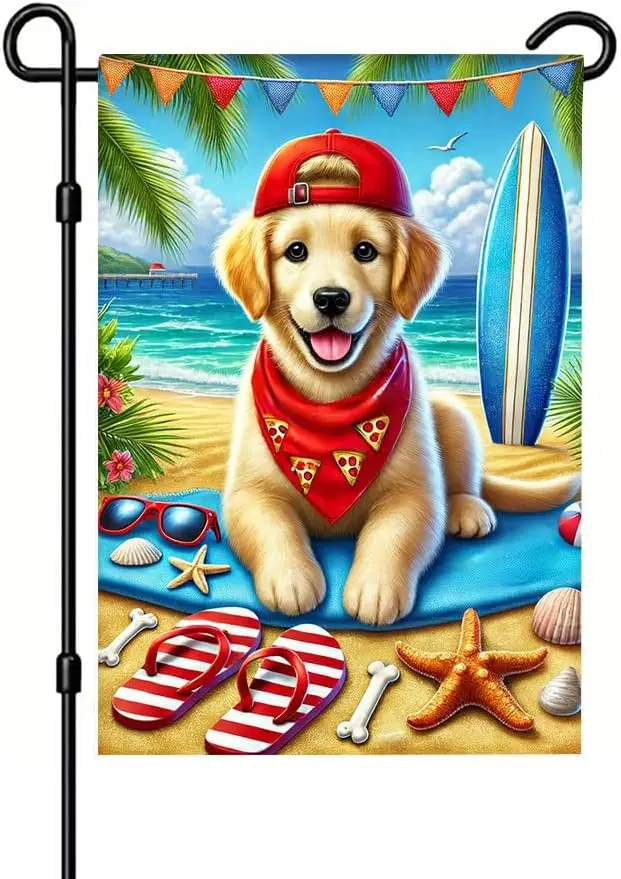 Summer Beach Dog Garden Flag 12x18 Inch Golden Retriever Puppy with Pizza Scarf Surfboard and Flip Flops on Sand for Outdoor zzo
