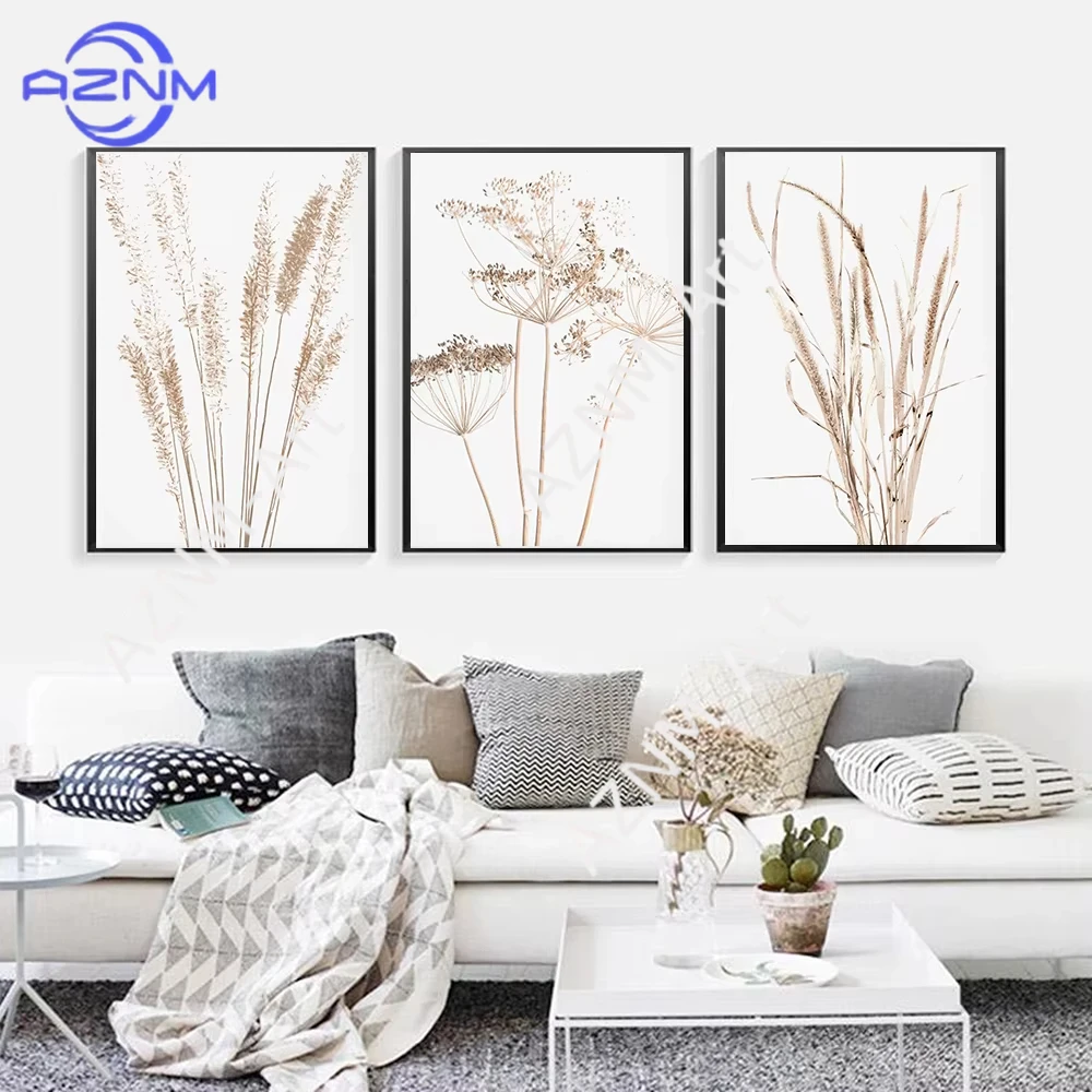 1/3 Stück Blumen- und Pflanzenmotiv (Schilf, Weizen) im nordischen Bauernhaus-Stil – Poster und Kunstdruck auf Leinwand als Wandbild für die Raumdekoration