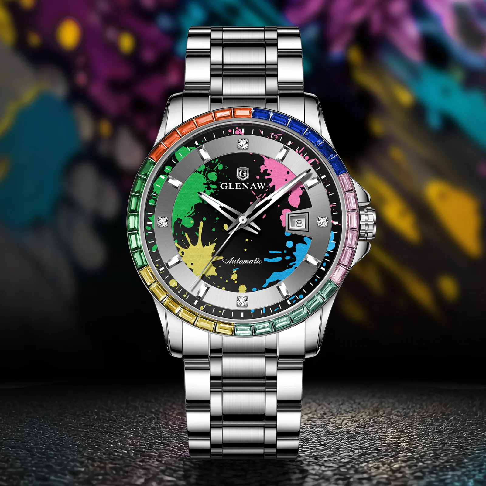 GLENAW 2025 Design NEW Rainbow Circle Mechanical Watch Men graffiti dial Night Light Calendar Waterproof Luxury Mechanical Watch