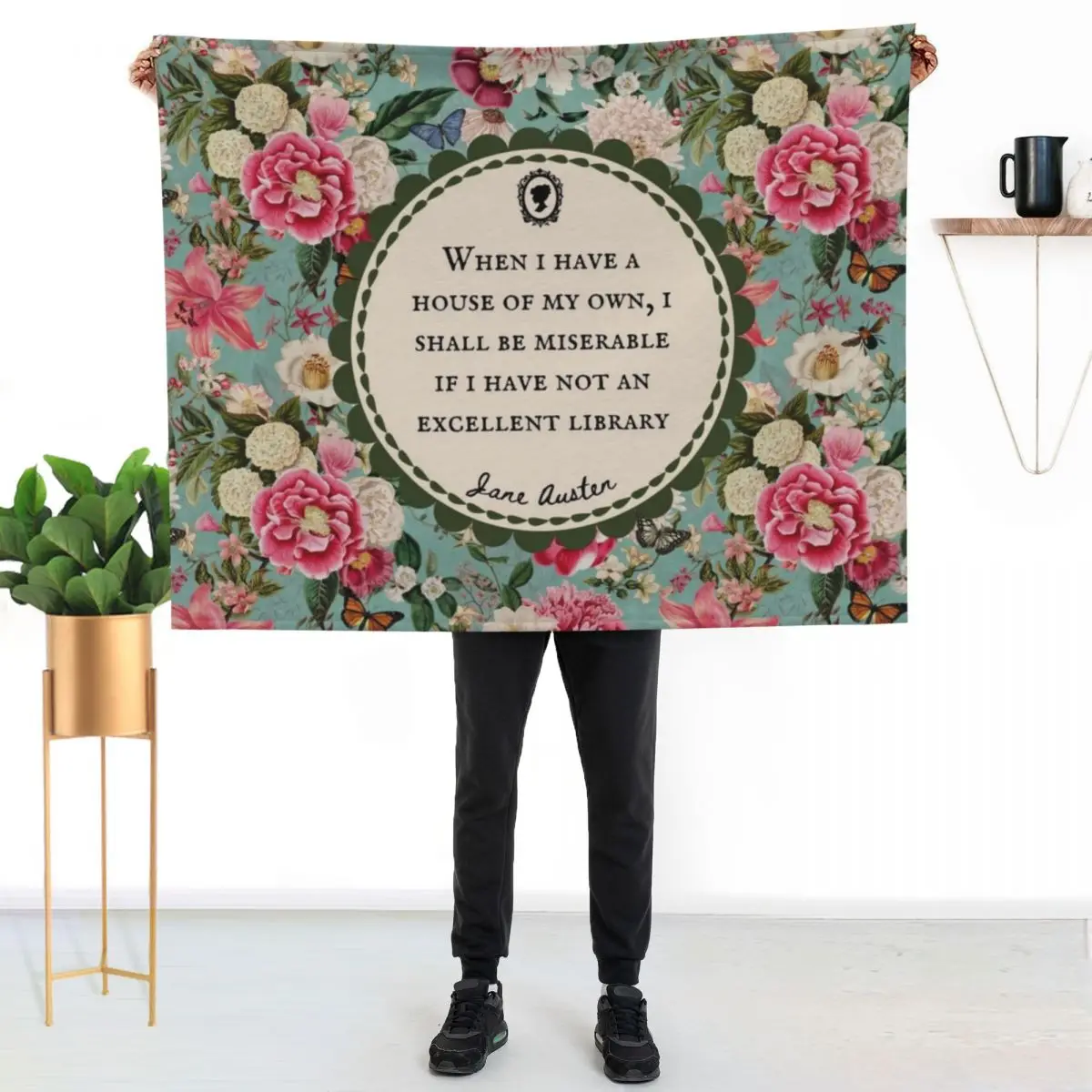 Jane Austen Library Quote, Literary, Bookish, Book Lover, Vintage Floral Flowers Throw Blanket Thin Bed Fashionable Blankets