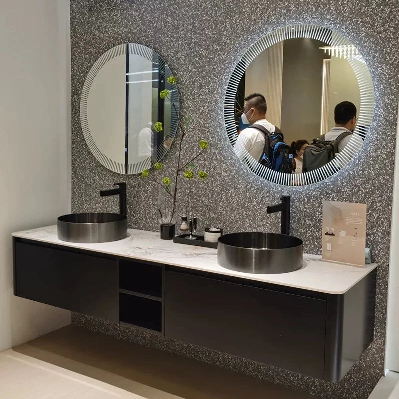 European modern double sink bathroom vanity smart mirror ceramic basin copper drain
