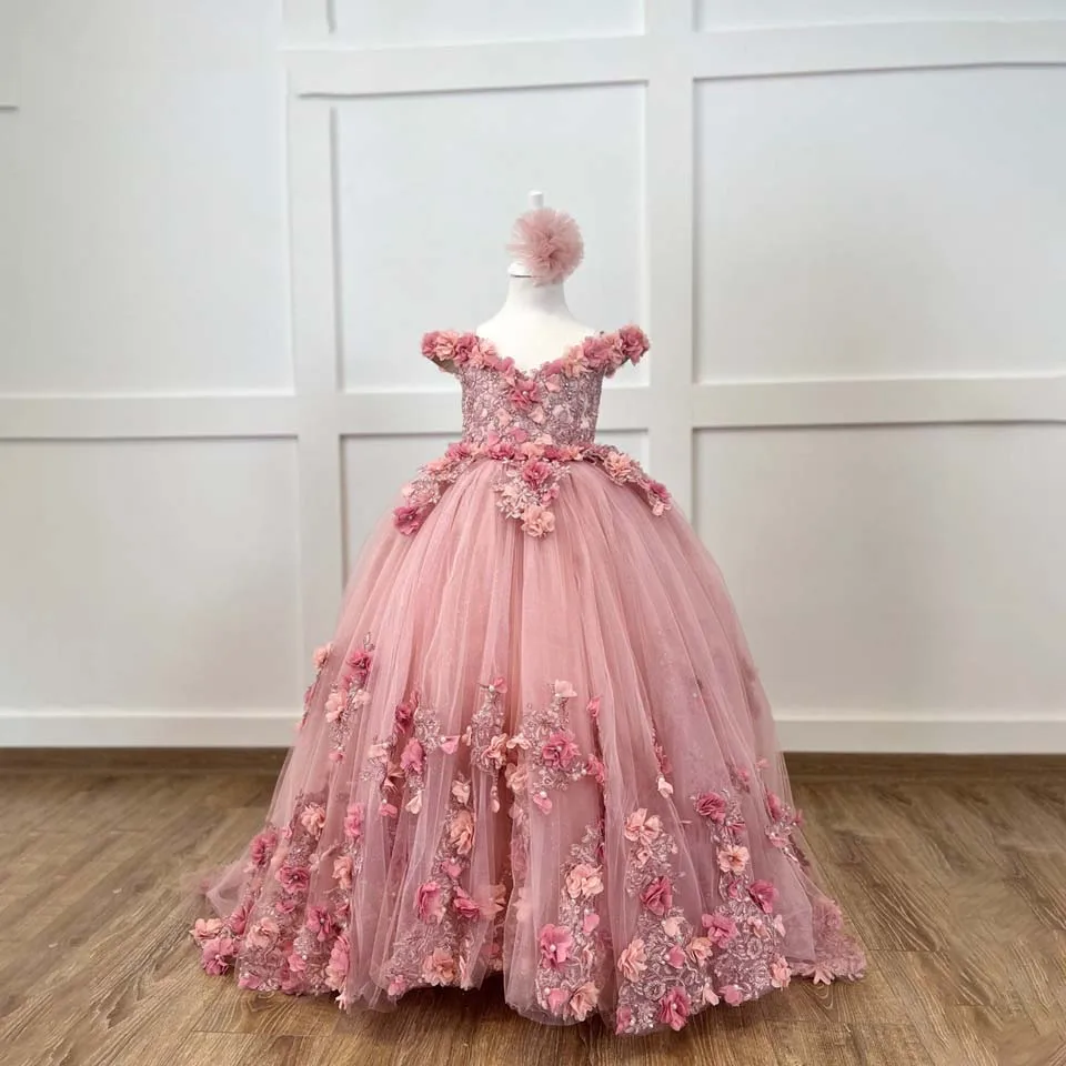 Applique Flower Girl Dress For Wedding Pink Tulle Sleeveless Ball Gown Princess Pageant Luxury Kids Birthday Party Dress